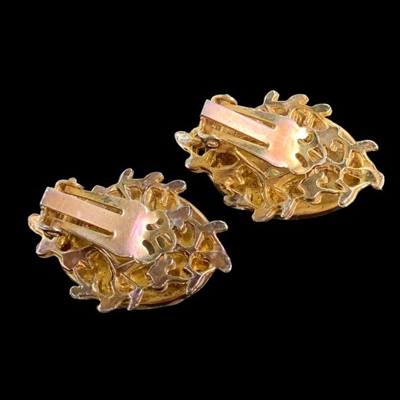 Black & Gold Panel Bracelet and Clip On Earrings Set Vintage Damascene Cabochons - Picture 6 of 11